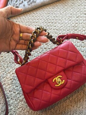 CHANEL Red Quilted Mini Flap Bag with Gold Chain